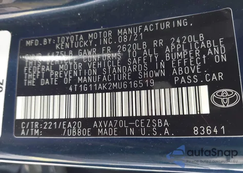 2021 Toyota Camry Se from USA, damaged, VIN 4T1G11AK2MU616519